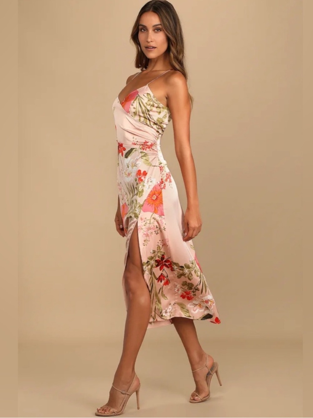 Lulu’s Remarkable Entrance Pink Floral Print Satin Midi Dress S